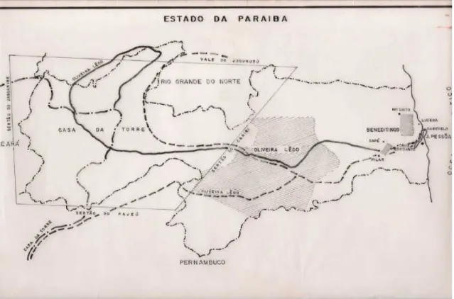 Fig.  4:  Mapa  Original  de  Wilson  Seixas  sobre  as  vias  de  penetração  no  sertão  da  Paraíba  e  seus  limites  territoriais (1975)