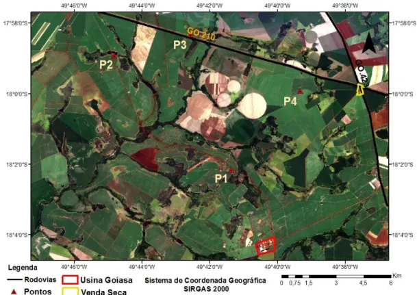 Figura 5. Localização dos pontos dos solos estudados na Usina Goiasa, Goiatuba, GO. 