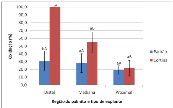 Figura 6. Percentuais de oxidação em explantes foliares (padrão – sem seccionamento e  cortina  –  com  seccionamento)  de  macaúba  (Acrocomia  aculeata)  provenientes  de  três  diferentes  regiões  do  palmito  (Distal,  Mediana  e  Proximal),  após  30