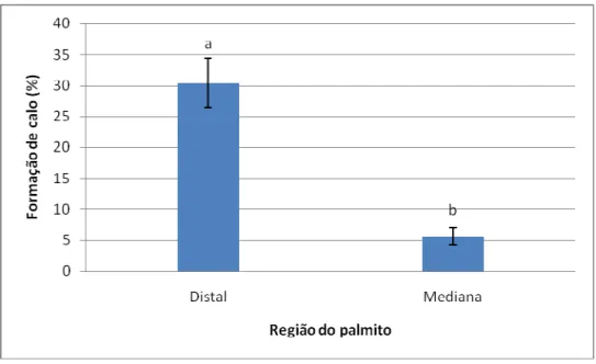 Figura  12.  Porcentagem  de  formação  de  calos  em  explantes  foliares  de  macaúba  (Acrocomia  aculeata) posicionados horizontal e verticalmente em meio de indução de  calos aos 180 dias