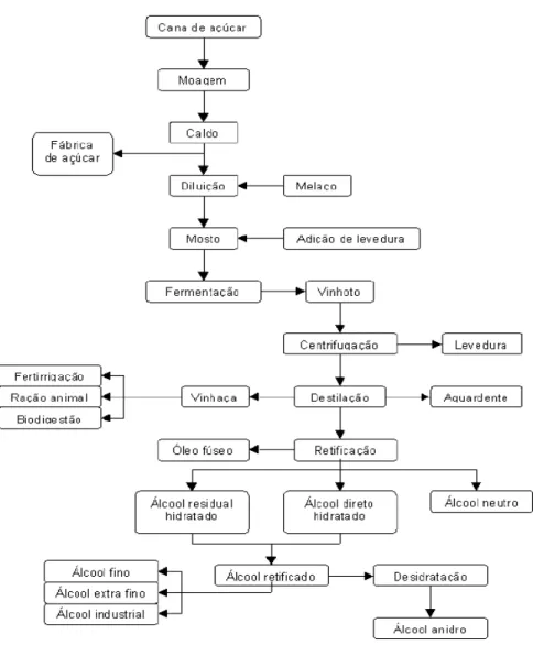 Figura 6 – Fluxo simplificado do processo de produção do etanol via rota fermentativa a partir da cana de açúcar