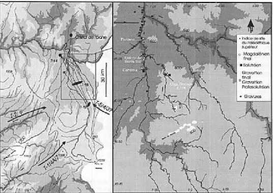 Fig.  1- Carte  de  répartition  des  gravures  et des  sites  d'habitat  du  Paléolithique  supérieur et de  I'approvisionnement  en  matieres  premieres  lithiques  régionales.