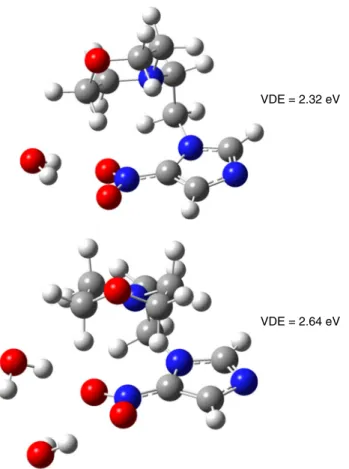Fig. 5 Lowest energy conformers of hydrated anionic nimorazole. The calculations were performed for one (top) and two (bottom) water molecules