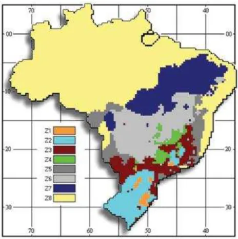 Figura 2: Espacialização das Zonas Bioclimáticas Brasileiras. Fonte : ABNT NBR 15220-3 -  Desempenho térmico de edificações - Parte 3