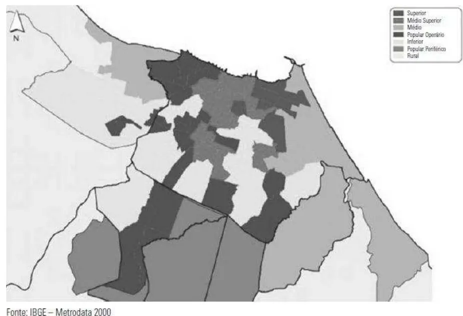 Figura 9: Tipologias Sociocupacionais da Região Metropolitana de Fortaleza. Fonte: IBGE – Metrodata 2000, apud PEQUENO E MOLINA, 2009