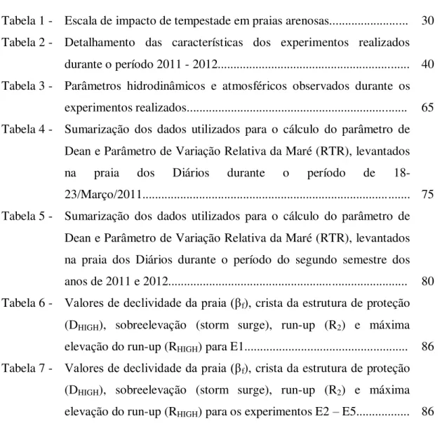 Tabela 1 -  Escala de impacto de tempestade em praias arenosas........................