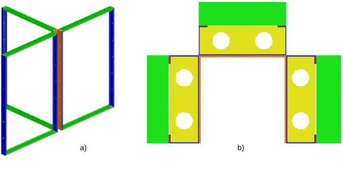 Figura 3.12 – Três módulos de parede confluentes num ponto ligados por um perfil em “U”; a) vista geral; b)  pormenor da ligação (vista superior) 