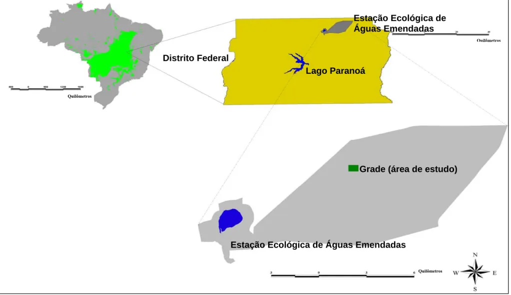 Figura 2. Região do Cerrado e localização da área de estudo na Estação Ecológica de Águas Emendadas (ESECAE) no Distrito  Federal (Fonte: IBGE)