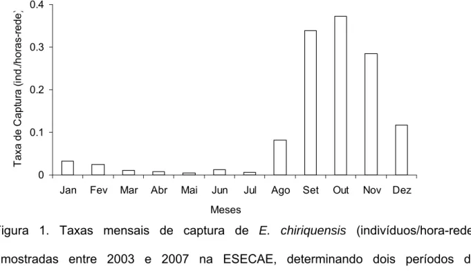 Figura 1. Taxas mensais de captura de E. chiriquensis (indivíduos/hora-rede)  amostradas entre 2003 e 2007 na ESECAE, determinando dois períodos de  abundância da espécie (baixa de janeiro a julho e alta de agosto a dezembro)