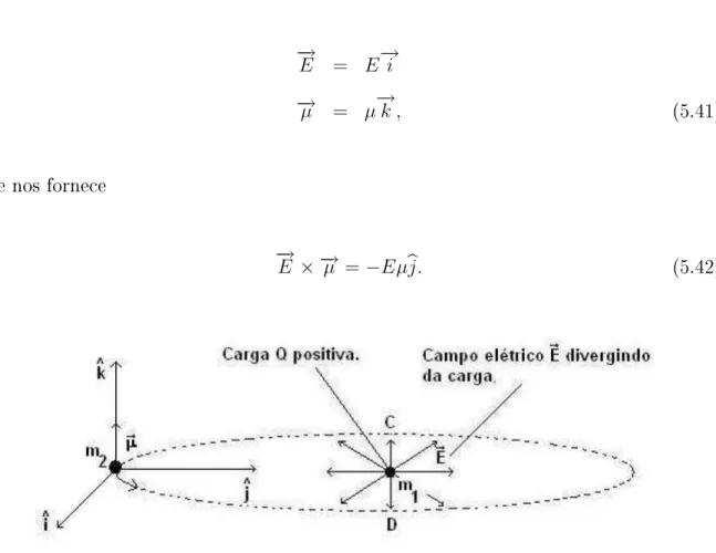 Figura 5-8: O momento magnético da partícula de massa m 2 é perpendicular ao campo elétrico produzido pela partícula de massa m 1 e caraga Q, supostamente positiva.