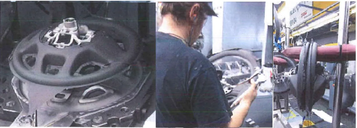 Figura 2-7 – Volante pronto a ser removido à esquerda; operário a inspecionar o volante injetado e suporte 