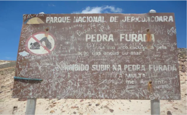 Figura 5: Placa do Parque Nacional de Jericoacoara na Pedra Furada. Julho de 2013.  Foto: Autor 