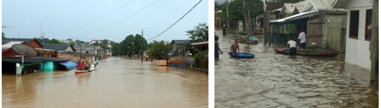 Figura  2.15  Inundações  provocadas  pelo  Rio  Acre,  no  Estado  de  Acre  (esquerda);  inundações  provocadas pelo Rio Solimões, no Estado de Amazonas (direita), ambas na zona nordeste do Brasil, em  março de 2015 