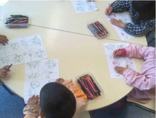 Ilustração 20 – Crianças de 3 anos de idade a pintarem o desenho sobre as emoções 