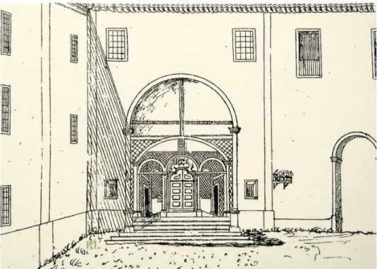 Fig. 57 – Convento de Chelas, entrada principal, séc. XIX, desenho de Gonzaga Pereira 