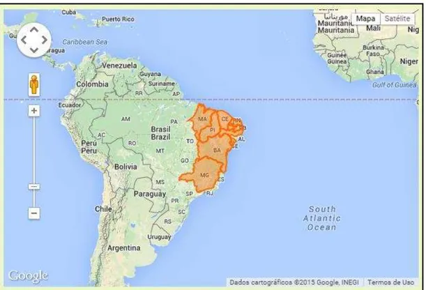 Figura  3  -  Distribuição  da  serpente  de  Bothrops  erythromelas  pelos  Estados  do  Maranhão,  Piauí, Ceará, Rio Grande do Norte, Paraíba, Pernambuco, Sergipe, Alagoas, Bahia e norte de  Minas Gerais