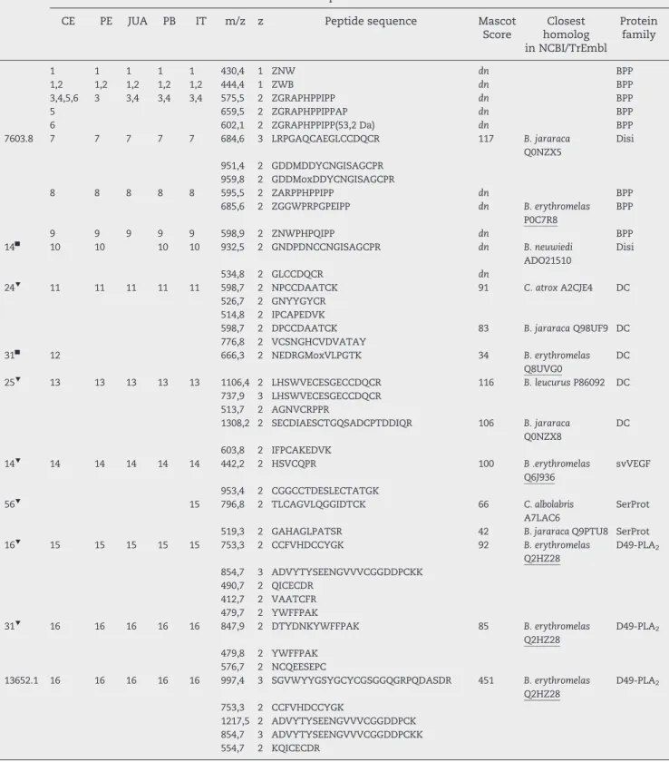 Table 1 – Assignment of the reverse-phase fractions from the venom of Bothrops erythromelas populations from Ceará (CE), Pernambuco (PE), Juazeiro (JUA), Paraiba (PB), and Ilha de Itaparica (IT), isolated as in Fig