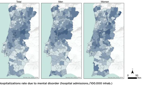 figure 9  hospitalization rates due to mental disorders between 2009 and 2014 by municipality in portugal mainland source: data from health system central administration (general database of diagnoses related groups 2009-2014)  and ine (2017)