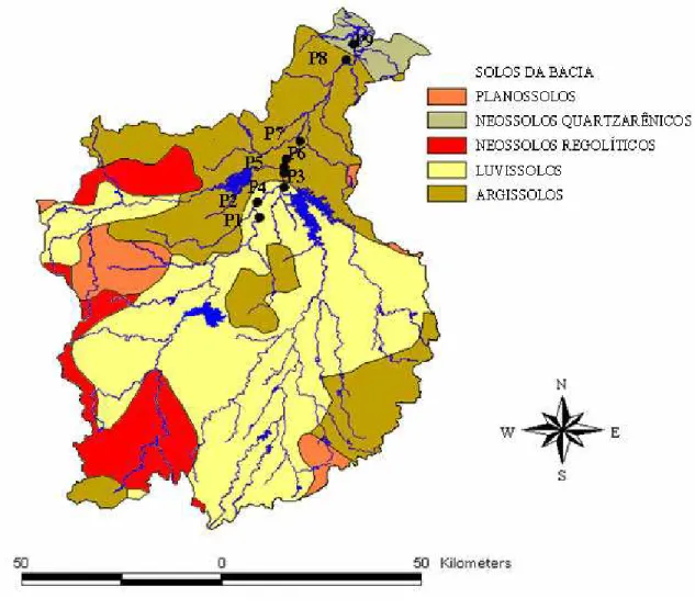 FIGURA 3 - Mapa de solos da bacia do Curu e pontos de coleta. 