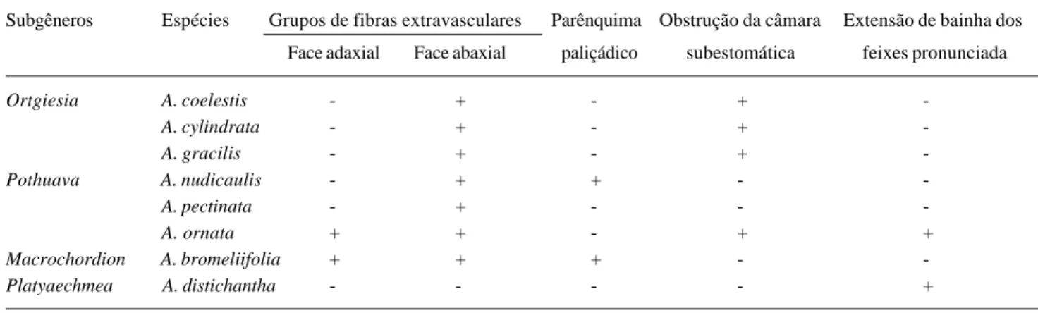 Tabela 2. Características observadas para as espécies de Aechmea (Bromeliaceae) do Estado de São Paulo.