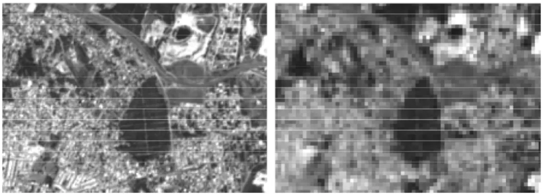 Figura  2.1:  Comparação  da  resolução  das  imagens  do  Sentinel  2  (esquerda,  03/08/2017) com Landsat 8 (direita, 02/08/2017) ambas imagens da banda 4 (Vermelho) na  região da Marisol