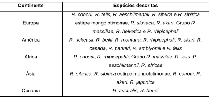 Tabela 2- Espécies de Rickettsia descritas nos diferentes continentes 