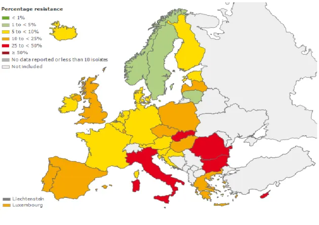 Figura 8 – Percentagem de resistências de E. coli a Cefalosporinas de 3ª geração verificadas nos  países participantes (Fonte: ESAC-Net, 2012)
