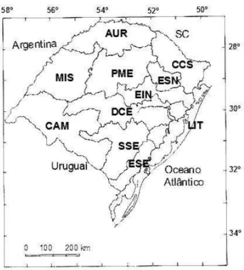 Figura 1. Regiões fisiográficas do Rio Grande do Sul, segundo Fortes (1959): Alto Uruguai (AUR), Campanha (CAM), Campos de Cima da Serra (CCS), Depressão Central (DCE), Encosta do Sudeste (ESE), Encosta Inferior do Nordeste (EIN), Encosta Superior do Norde