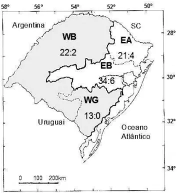 Figura 4. Regiões fisiográficas evidenciadas pelo dendrograma de similaridade entre as regiões fisiográficas do Rio Grande do Sul, baseadas na distribuição de Mikania Willd