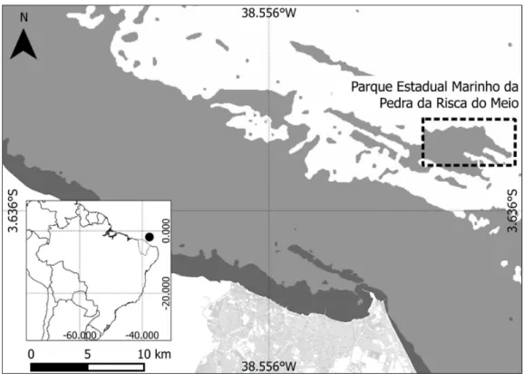 Figura 1 - Localização do Parque Estadual Marinho da Pedra da Risca do Meio em relação a costa da cidade  de Fortaleza/Ceará