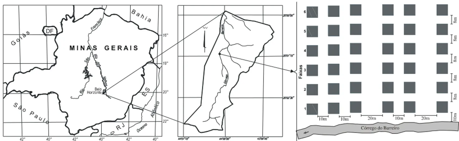 Figura 1. Localização da área de amostragem (44º01’15”-43º58’28”W e 22º03’29”-22º00’19”S) e disposição das parcelas do levantamento fitossociológico na Área de Proteção Especial do Barreiro - Parque Estadual Serra do Rola-Moça, Região Metropolitana de Belo