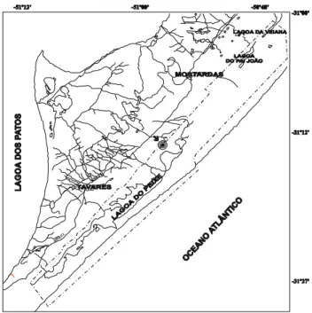 Figura 1. Localização do Parque Nacional da Lagoa do Peixe. A área tracejada corresponde aos limites do Parque, o círculo apontado pela seta indica a área onde foi realizado o estudo