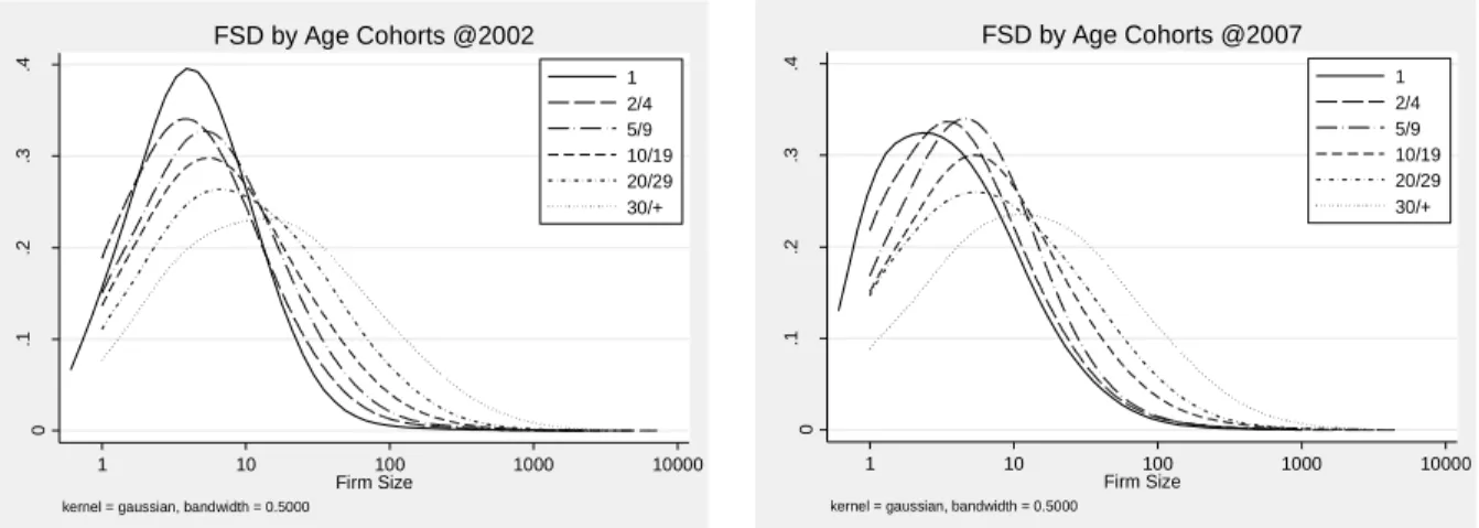 Figure 2 – FSD of firms born in 2002 pictured in 2003, 2007 and 2003 for those which  survived until 2007 