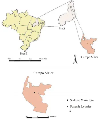 Figura 1. Mapa de localização da área de estudo, Campo Maior, PI, Brasil. Sede do MunicípioFazenda LourdesCampo Maior Campo MaiorPiauíBrasil