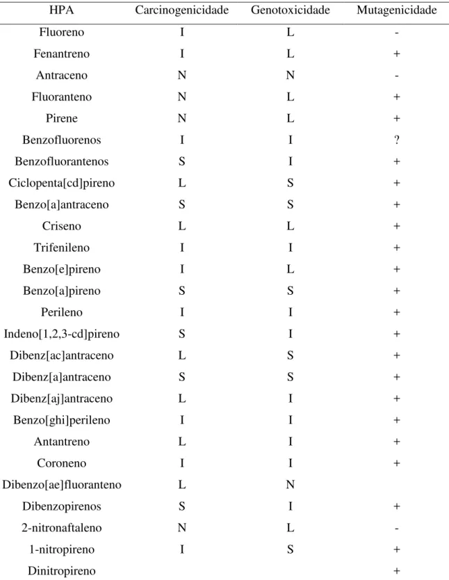 Tabela 1 - Dados relativos aos efeitos carcinogênicos, genotóxicos e mutagênicos de  alguns HPAs e NHPAs [35, 36]