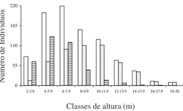 Figura 1. Distribuição em classes de diâmetro dos indiví- indiví-duos amostrados na área alagável do Parque Estadual Mata dos Godoy, Londrina, PR