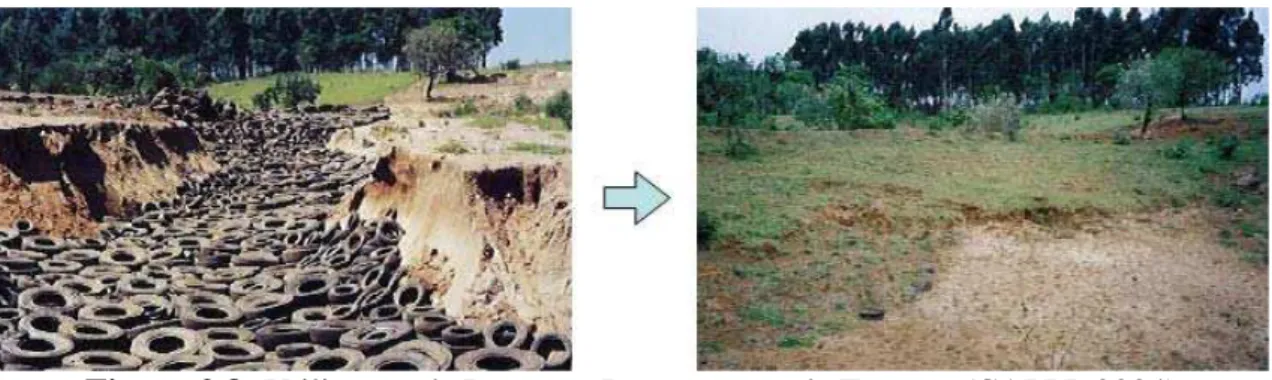 Figura 2.8: Utilização de Pneus na Recuperação de Erosões (CAPPI, 2004)  As fotografias, representadas na Figura 2.8, referem-se à mesma área, vista do  mesmo ângulo, durante o enterro de pneus no ano de 1998 e, três anos após, com o  restabelecimento parc