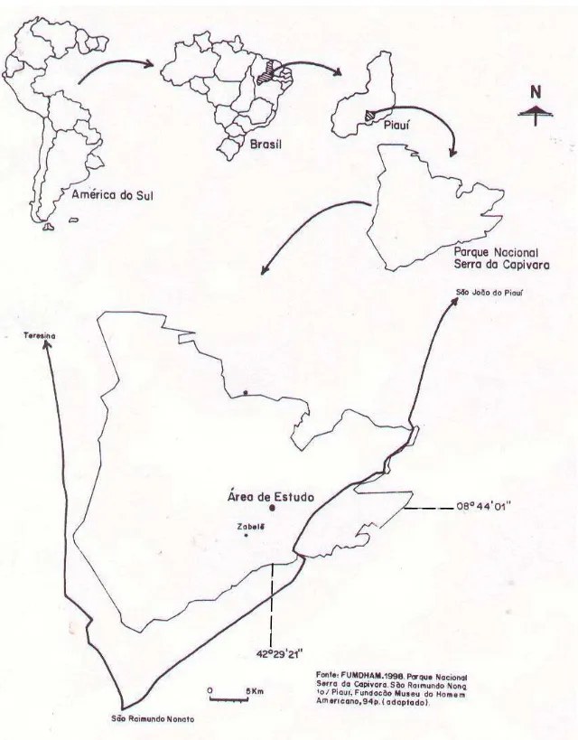 Figura 1. Mapa de localização da área de estudo, Parque Nacional Serra da Capivara, Piauí.