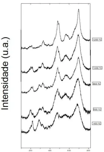 Figura 9: Espectros Raman obtidos para as ferritas tratadas termicamente. As temperaturas est˜ao indicadas ao lado nos gr´aficos.