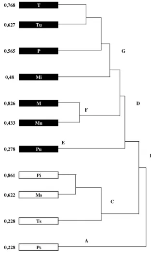 Figura 3. Classificação hierárquica (UPGMA) das comu- comu-nidades  de árvores intermediária (i), úmida (u) e seca (s) nas matas do Monjolo (M), Pitoco (P) e  Taquara (T),  usan-do o índice de Morisita (área basal das espécies)
