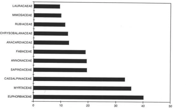 Figura 3. Famílias que apresentaram maiores  índices de valor de  importância (IVI) na tloresta estacionai  semidecidual  sub-montana de  Itambé do Mato Dentro, MG