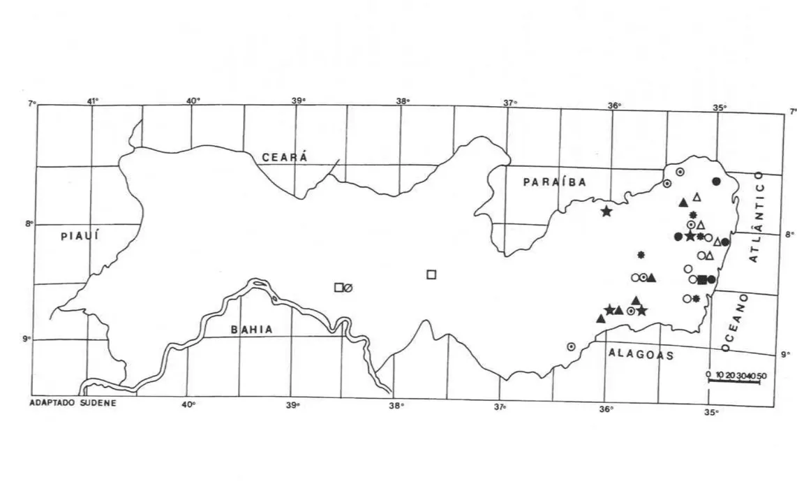 Figura  I.  Distribuição das espécies de Aecluneo no Estado de  Pernambuco . •  A.llIJuikgo (Salisb.) Griseb.;  DA