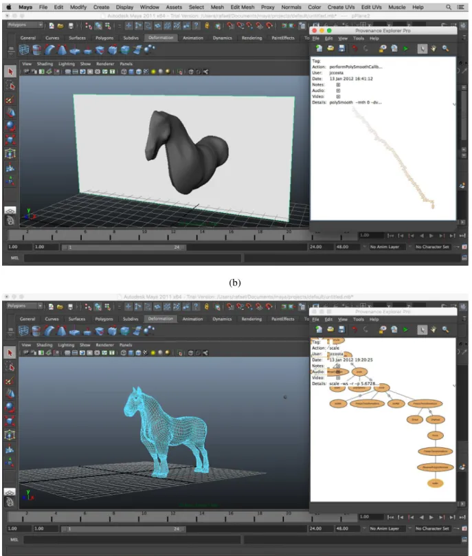 Figura 4.1 – O modelador Maya com o Vistrails Provenance Explorer Plugin.