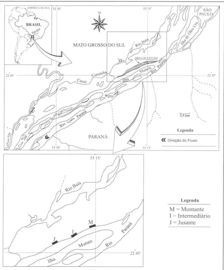 Figura  I.  Locali/a ~' ão  da  área  de  estudo.  Acima:  vis ta  geral.  Ahaixo:  locali/ação  do s  três  remanescentes  de  Ilores ta  ripária anali sado s  ne ste  estudo  ( Município Taquaruç u