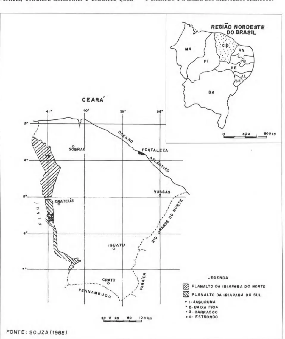 Figura  1.  Localização das  áreas de carrasco no  planalto da Ibiapaba, Estado do Ceará Acta boI