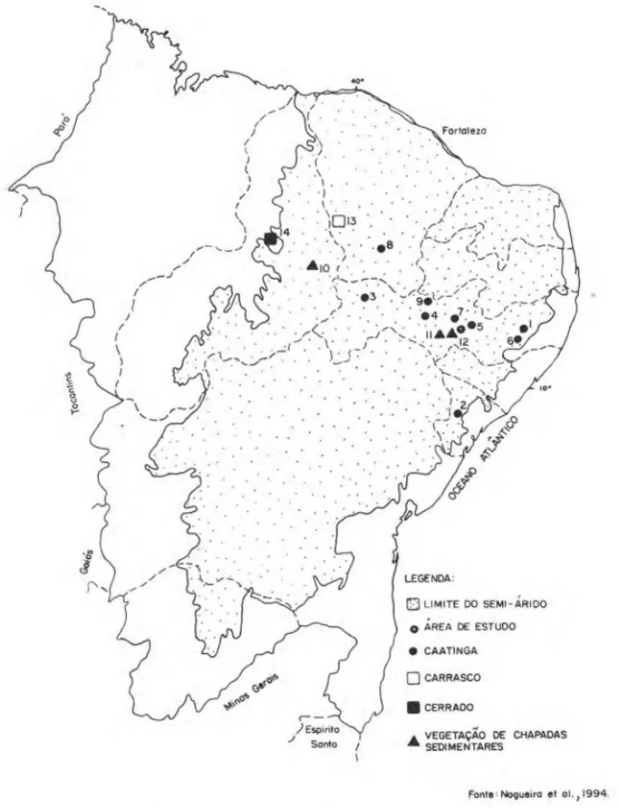 Figura 2.  Localização geográfica da área de estudo de outros levantamentos no  nordeste do  Brasil