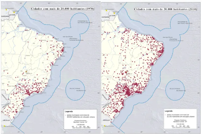 Figura  1-1.  Mapa  das  cidades  co  mais  de  20  mil  habitantes  nos  anos  de  1970-  esquerda e de 2010- direita, representando o crescimento da ocupação das zonas  costeiras do Brasil