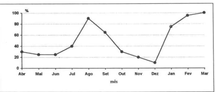 Figura 6.  Porcentagem de folhas  secas em  10 indivíduos de Paepalanthus polyanthus no  período de abril  de 1992 a março de  1993