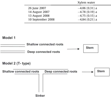 Fig. 6. Conceptual frameworks of the two models tested to simulate stem sap ﬂow from root sap ﬂow.