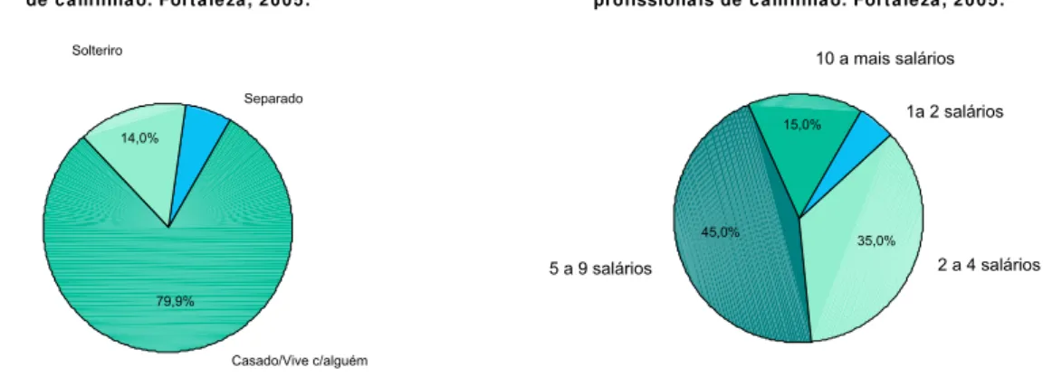 Figura 3: Estado civil de motoristas profissionais de caminhão. Fortaleza, 2005. 14,0% 79,9% SeparadoSolteriro Casado/Vive c/alguém